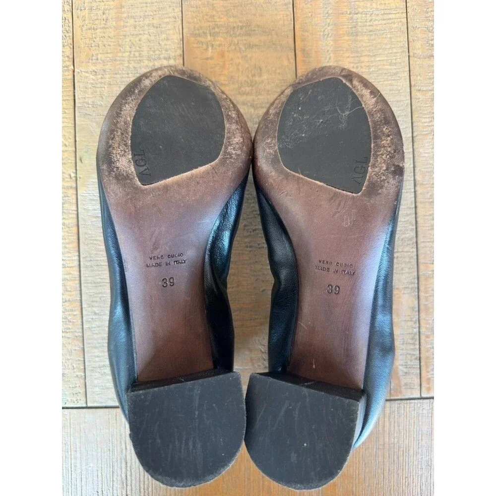 AGL Attilio Giusti Leombruni Black Leather Patent Cap Toe Block Heel EU 39 US 8